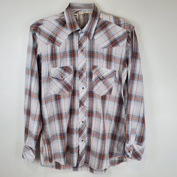 VTG 80s Champion Westerns Brown Plaid Western Pearl Snap Front Shirt Cowboy 16.5 - Picture 2 of 15